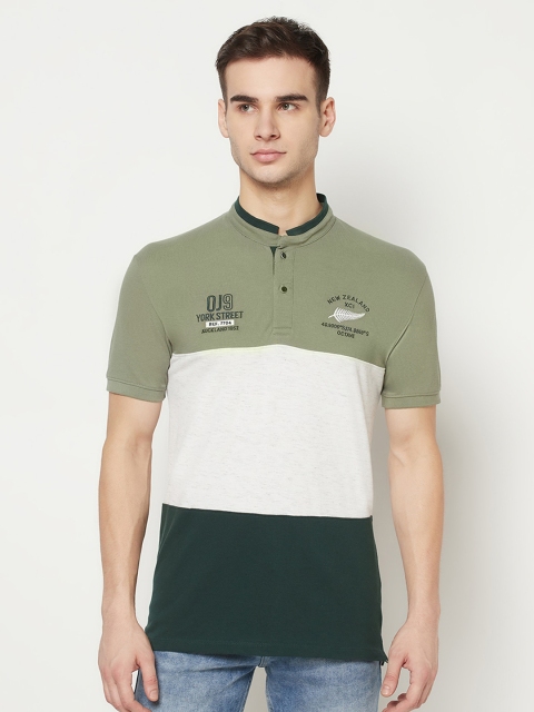 

Octave Men Olive Green White Colourblocked Mandarin Collar Pure Cotton T-shirt