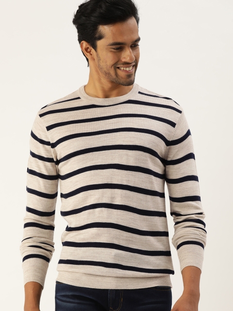 

PETER ENGLAND UNIVERSITY Men Off White & Black Striped Pullover Sweater