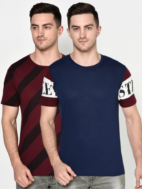 

ELEGANCE Men Maroon & Navy Blue Set Of 2 Printed T-shirt