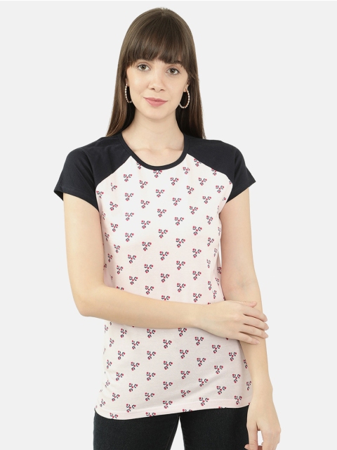 

V2 Value & Variety Women Light Peach-Coloured & Black Floral Printed T-Shirt