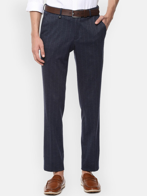 

V Dot Men Navy Blue Textured Striped Skinny Fit Trousers