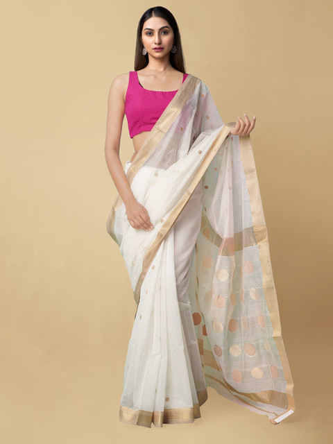 

Unnati Silks Off White & Gold-Coloured Woven Design Handloom Silk Cotton Maheshwari Saree