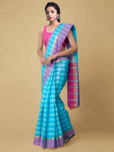 

Unnati Silks Blue & Pink Checked Zari Pure Cotton Mangalagiri Saree