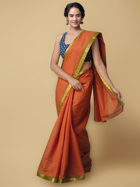 

Unnati Silks Orange & Gold-Toned Pure Cotton Kanjeevaram Saree