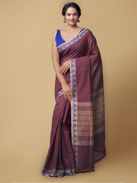 

Unnati Silks Burgundy & Blue Checked Pure Cotton Chettinad Sustainable Saree
