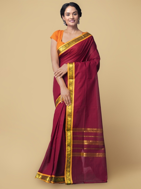 

Unnati Silks Maroon & Yellow Zari Pure Pavni Handcrafted Kanchi Cotton Saree