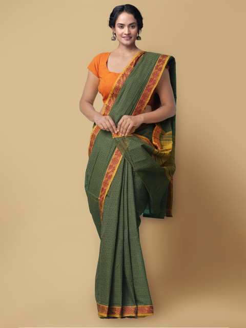 

Unnati Silks Green & Yellow Checked Pure Cotton Chettinad Saree