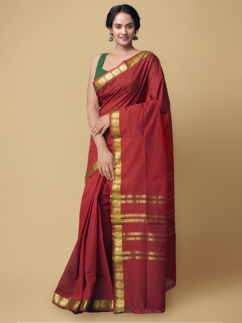 

Unnati Silks Maroon & Gold-Toned Pure Cotton Handloom Sustainable Kanjeevaram Saree
