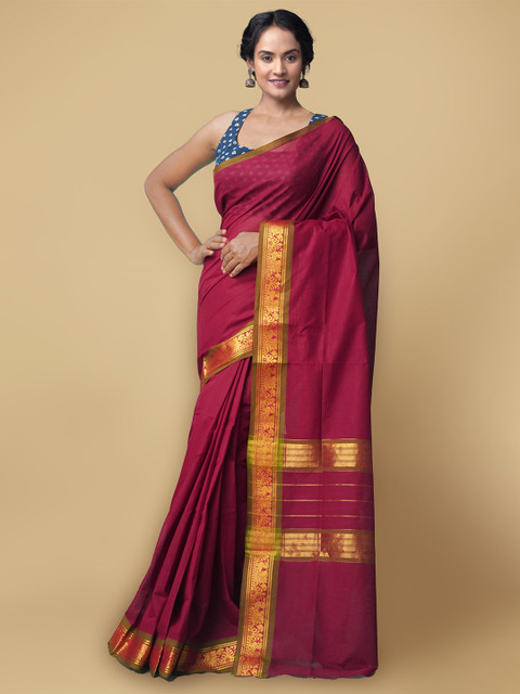 

Unnati Silks Maroon & Gold-Toned Pure Cotton Kanjeevaram Sustainable Saree