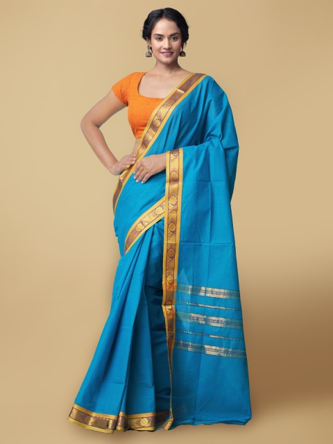 

Unnati Silks Turquoise Blue & Yellow Pure Cotton Kanjeevaram Saree