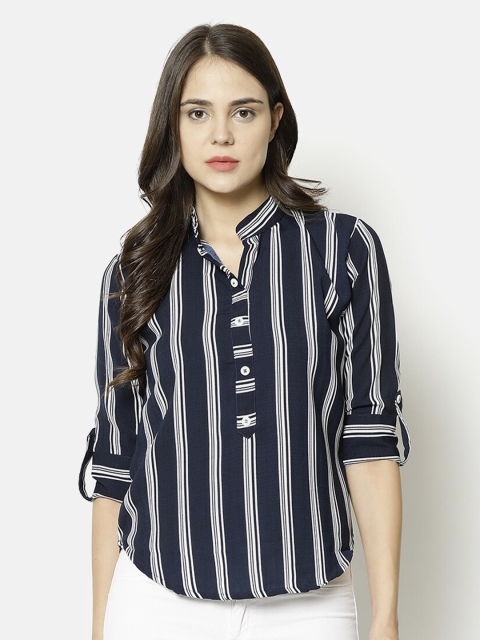 

V2 Value & Variety Women Navy Blue and White Striped Shirt Style Top