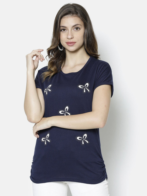 

V2 Value & Variety Women Navy Blue & White Printed Studded Chambray Top