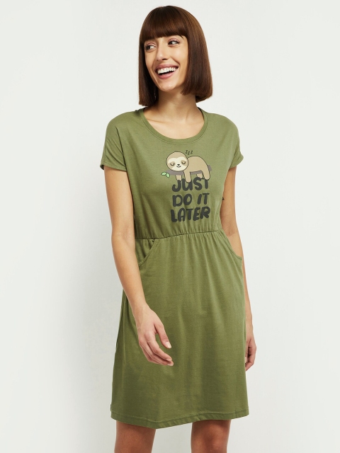 

max Women Olive Green Graphic Printed Nightdress