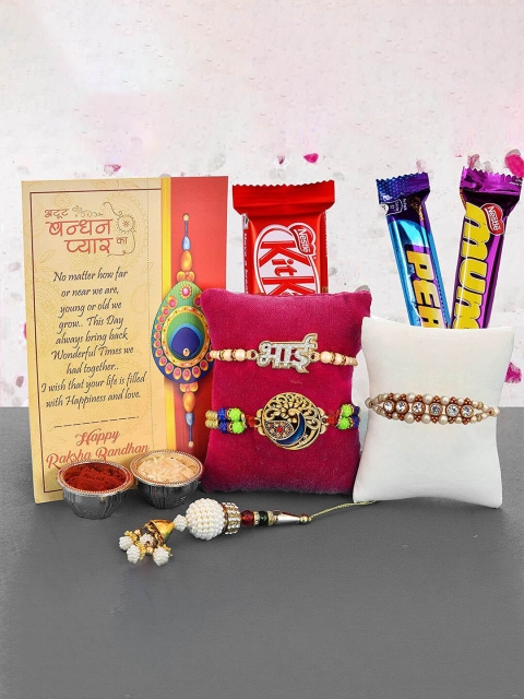 

CraftVatika Brother and Bhabhi Red & Gold-Toned Rakhi Set Gift Combo with Chocolate