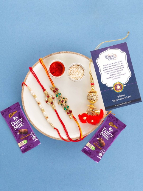 

CraftVatika Set Of 4 Rakhi Gift Combo With Chocolate, Red