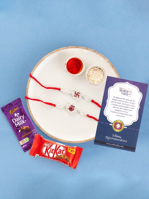 

CraftVatika Set of 2 Silve-Plated Rakhi Gift Set With Chocolates, Multi