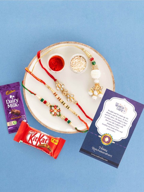

CraftVatika Set Of 4 Rakhi Gift Combo With Chocolate, Red