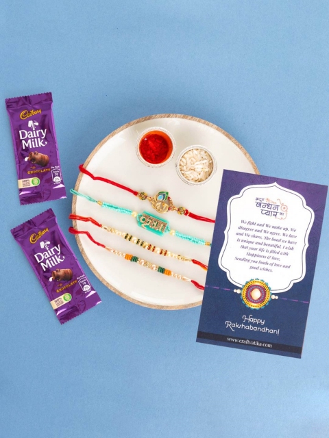 

CraftVatika Set of 4 Rakhi Gift Pack With Chocolates, Multi