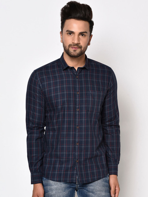 

METTLE Men Navy Blue Checked Cotton Casual Shirt