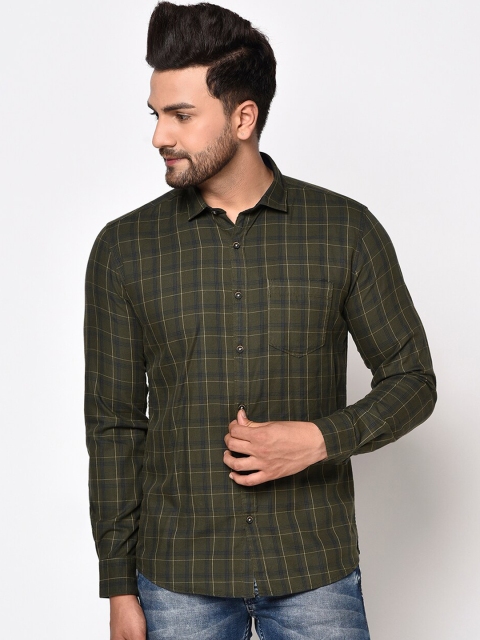 

METTLE Men Olive Green Checked Cotton Casual Shirt