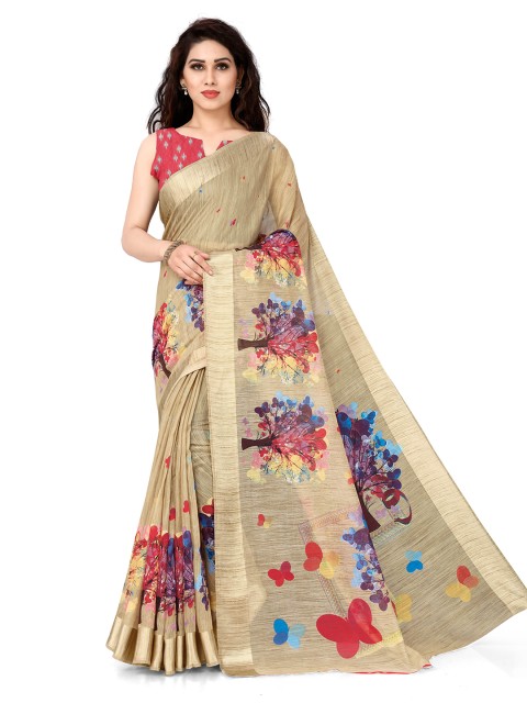 

KALINI Beige & Red Floral Printed Saree