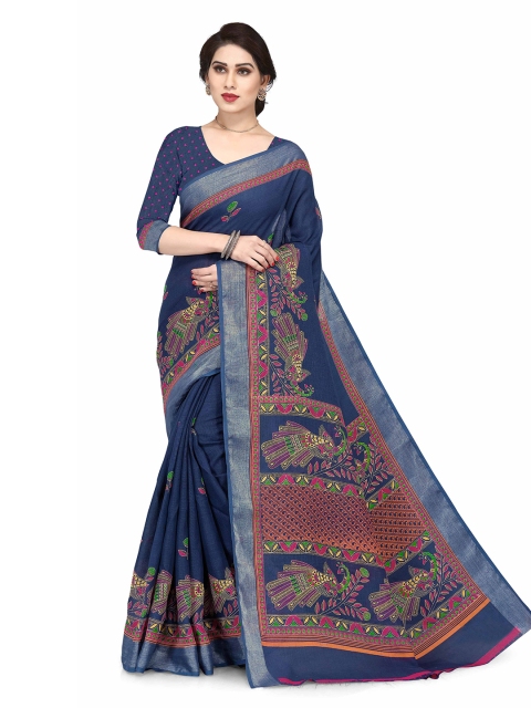 

KALINI Blue & Pink Ethnic Motifs Printed Zari Border Saree