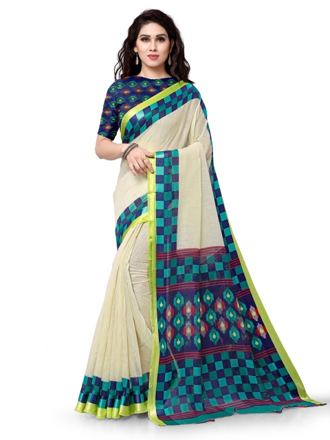 

KALINI Off White & Blue Checked Border Saree
