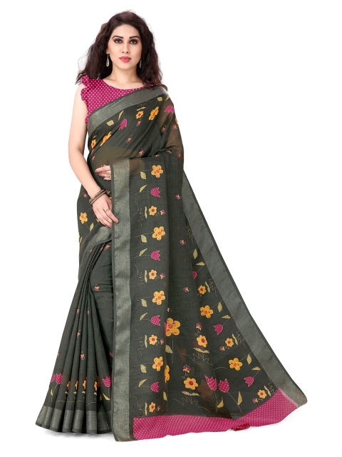 

KALINI Charcoal & Pink Floral Linen Blend Bagh Saree