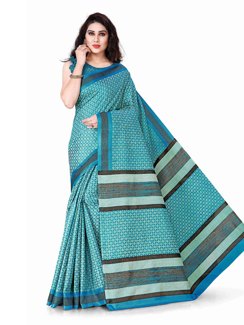 

KALINI Turquoise Blue & Brown Geometric Printed Art Silk Saree