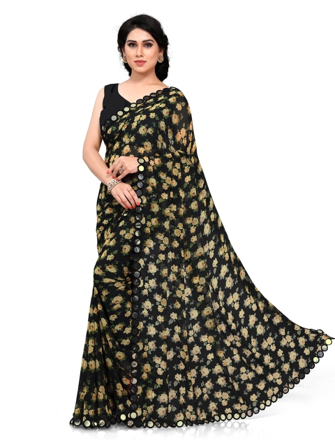 

Mirchi Fashion Black & Yellow Floral Printed Mirror Work Saree