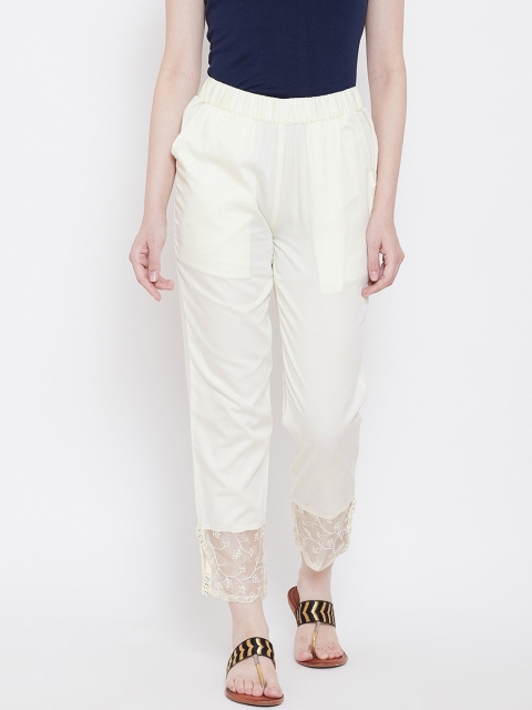 

Be Indi Women Cream-Coloured Tapered Fit Regular Trousers With Lace Detail