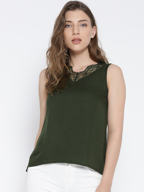 

Vero Moda Women Olive Green Lace Detail Top