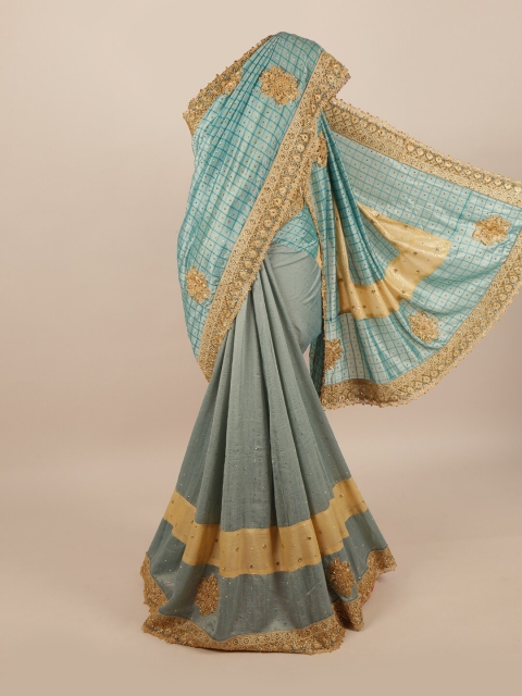 

Pothys Sea Green & Grey Checked Pure Georgette Saree