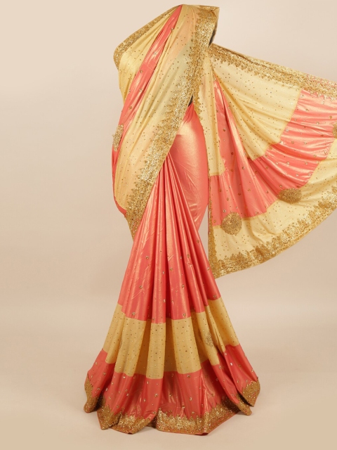 

Pothys Coral & Cream-Coloured Ethnic Motifs Pure Georgette Saree