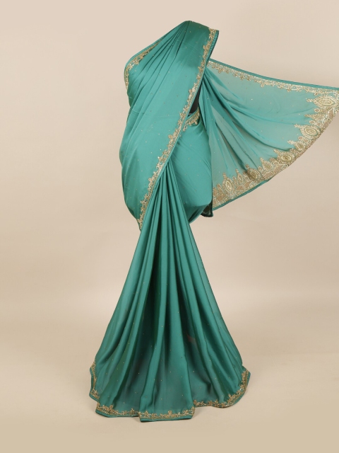 

Pothys Green & Gold-Toned Embellished Beads & Stones Pure Georgette Saree