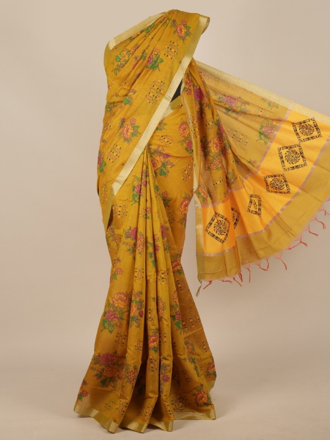

Pothys Mustard & Green Floral Printed Saree