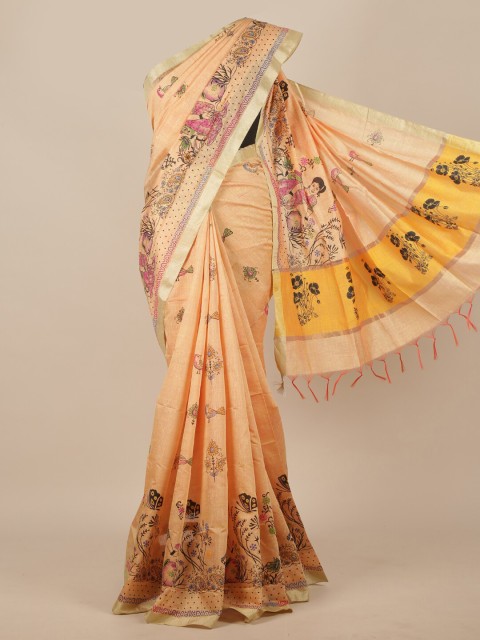 

Pothys Peach-Coloured & Yellow Ethnic Motifs Printed Zari Border Saree
