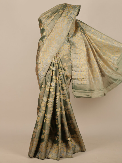 

Pothys Green & Gold-Toned Floral Zari Jute Silk Saree