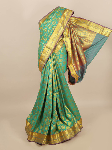 

Pothys Sea Green & Gold-Coloured Ethnic Motifs Zari Woven Design Silk Blend Saree