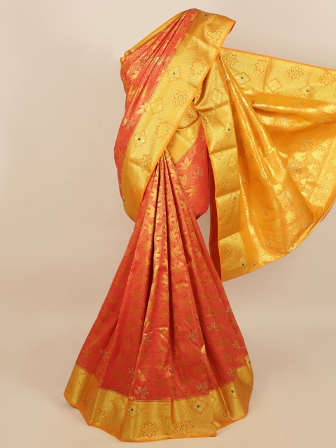 

Pothys Orange & Gold-Toned Woven Design Beads and Stones Silk Blend Saree