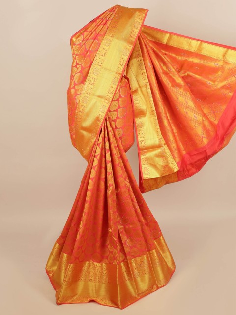 

Pothys Orange & Gold-Toned Ethnic Motifs Beads and Stones Silk Blend Saree