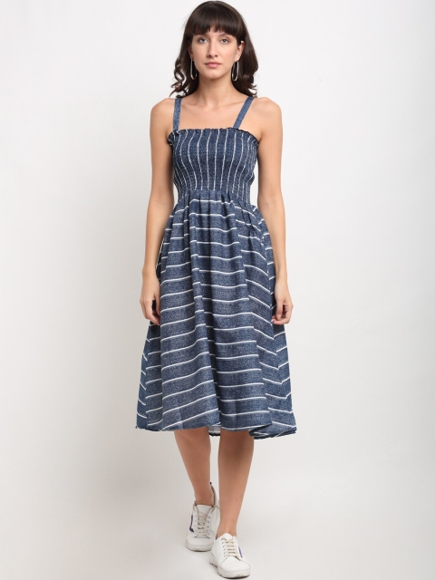 

NEUDIS Blue Striped Smocked Midi Fit and Flare Dress