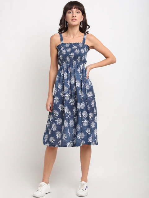 

NEUDIS Women Blue Floral Printed Smocked Fit & Flare Midi Dress