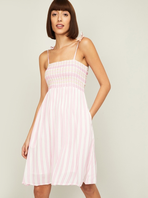 

Ginger by Lifestyle Pink & Cream-Coloured Striped Smocked Fit & Flare Dress