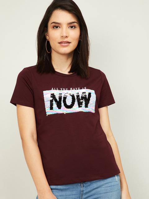 

Ginger by Lifestyle Women Burgundy Typography Printed Loose T-shirt
