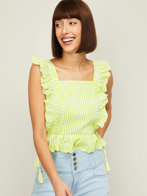 

Ginger by Lifestyle Lime Green Striped Ruffles Cinched Waist Crop Top