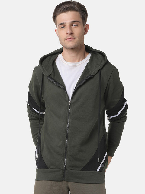 

Campus Sutra Men Green & Black Colourblocked Hooded Sweatshirt