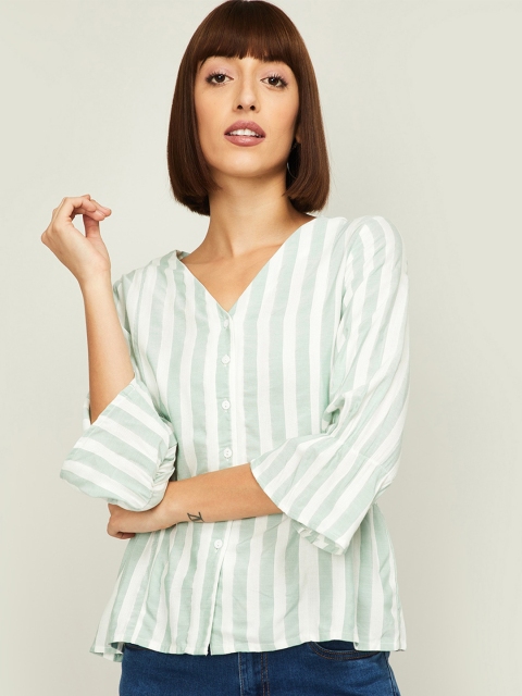 

Bossini Green & White Striped Bell Sleeve Shirt Style Top