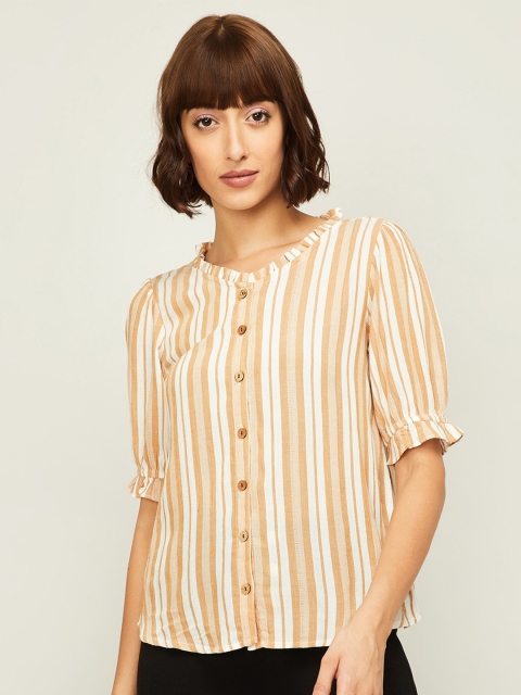 

Bossini Beige Striped Puff Sleeve Blouson Top