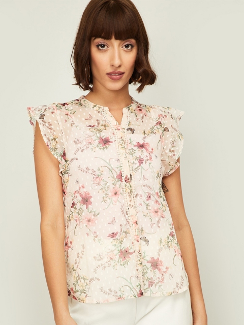 

Bossini Women Off White Floral Printed Mandarin Collar Flutter Sleeve Regular Top